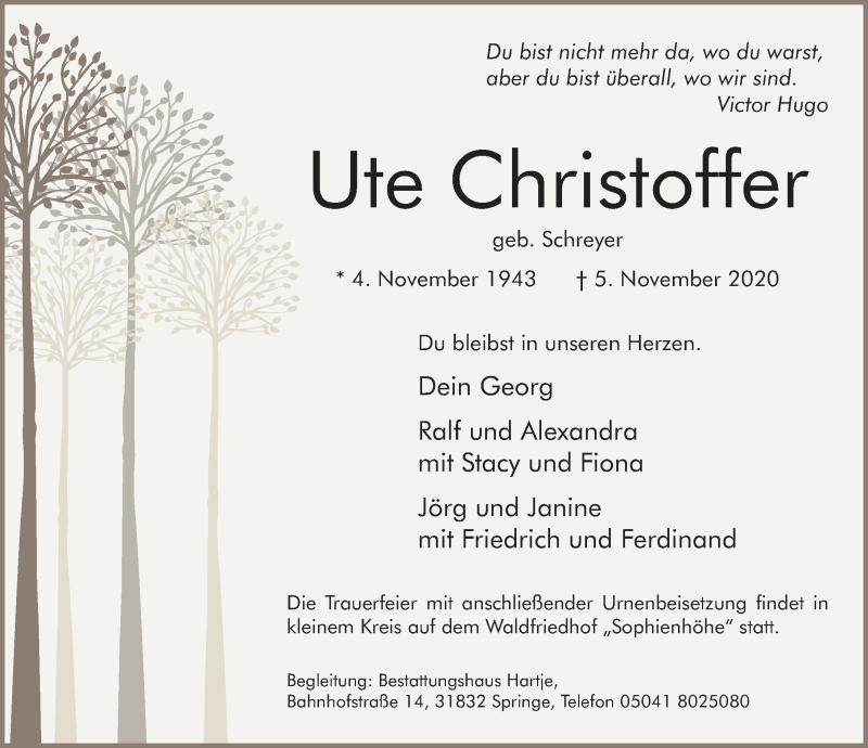  Traueranzeige für Ute Christoffer vom 07.11.2020 aus Neue Deister-Zeitung