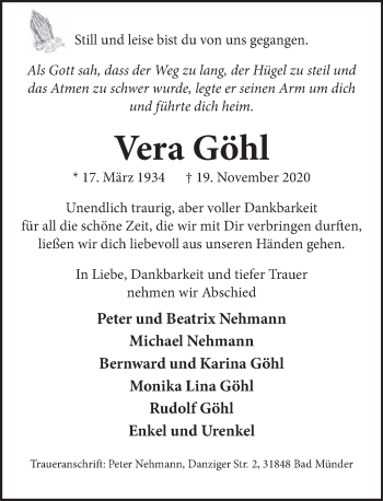 Traueranzeige von Vera Göhl von Neue Deister-Zeitung