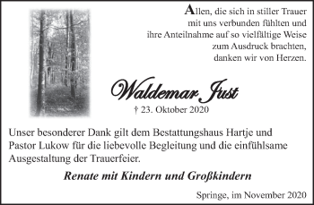 Traueranzeige von Waldemar Just von Neue Deister-Zeitung