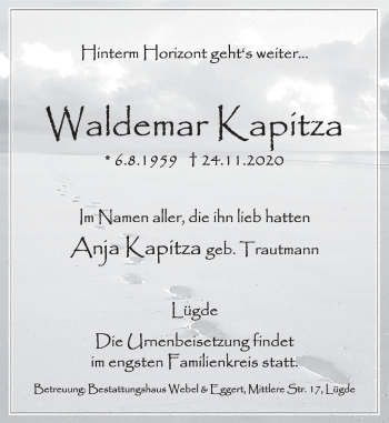 Traueranzeige von Waldemar Kapitza von Deister- und Weserzeitung