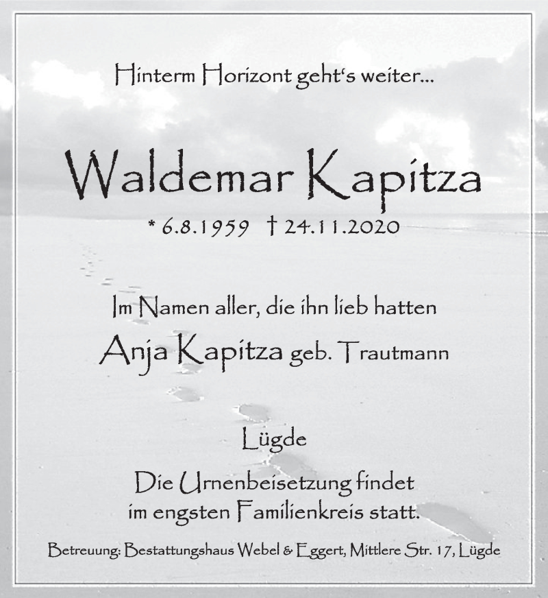  Traueranzeige für Waldemar Kapitza vom 28.11.2020 aus Deister- und Weserzeitung