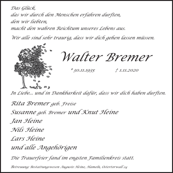 Traueranzeige von Walter Bremer von Deister- und Weserzeitung