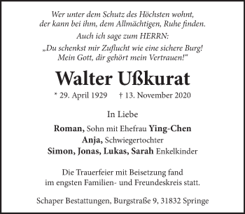Traueranzeige von Walter Ußkurat von Neue Deister-Zeitung