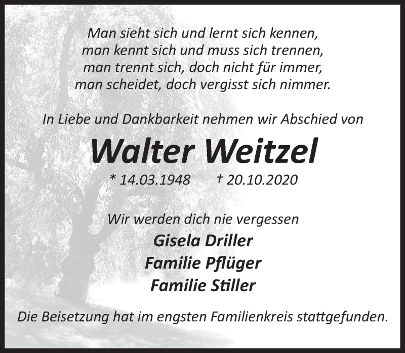  Traueranzeige für Walter Weitzel vom 07.11.2020 aus Deister- und Weserzeitung