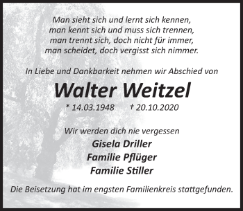 Traueranzeige von Walter Weitzel von Deister- und Weserzeitung