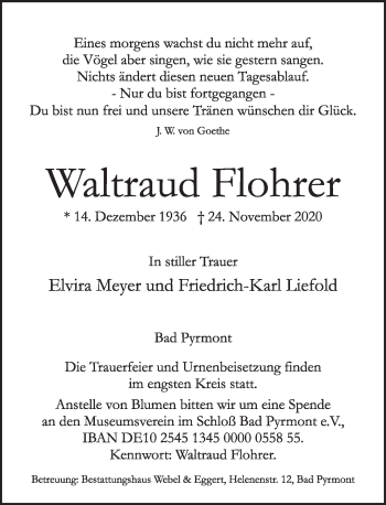 Traueranzeige von Waltraud Flohrer von Deister- und Weserzeitung