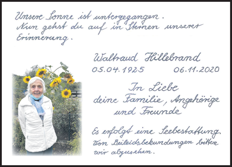 Traueranzeige für Waltraud Hillebrand vom 21.11.2020 aus Deister- und Weserzeitung