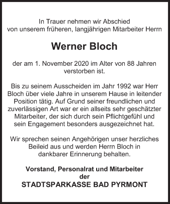 Traueranzeige von Werner Bloch von Deister- und Weserzeitung