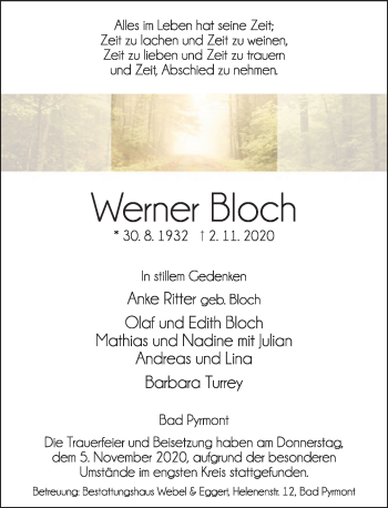 Traueranzeige von Werner Bloch von Deister- und Weserzeitung