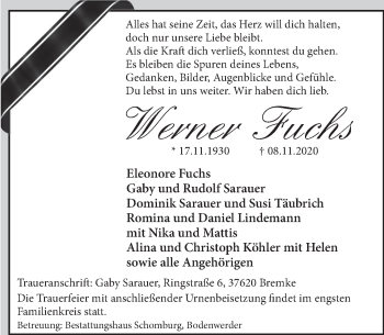 Traueranzeige von Werner Fuchs von Deister- und Weserzeitung