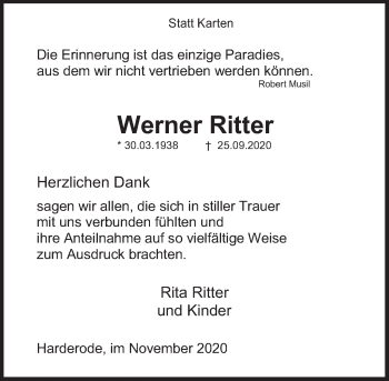 Traueranzeige von Werner Ritter von Deister- und Weserzeitung
