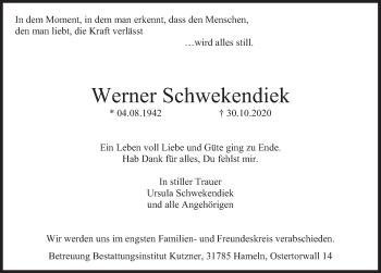 Traueranzeige von Werner Schwekendiek von Deister- und Weserzeitung