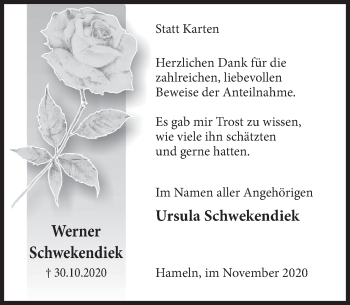 Traueranzeige von Werner Schwekendiek von Deister- und Weserzeitung