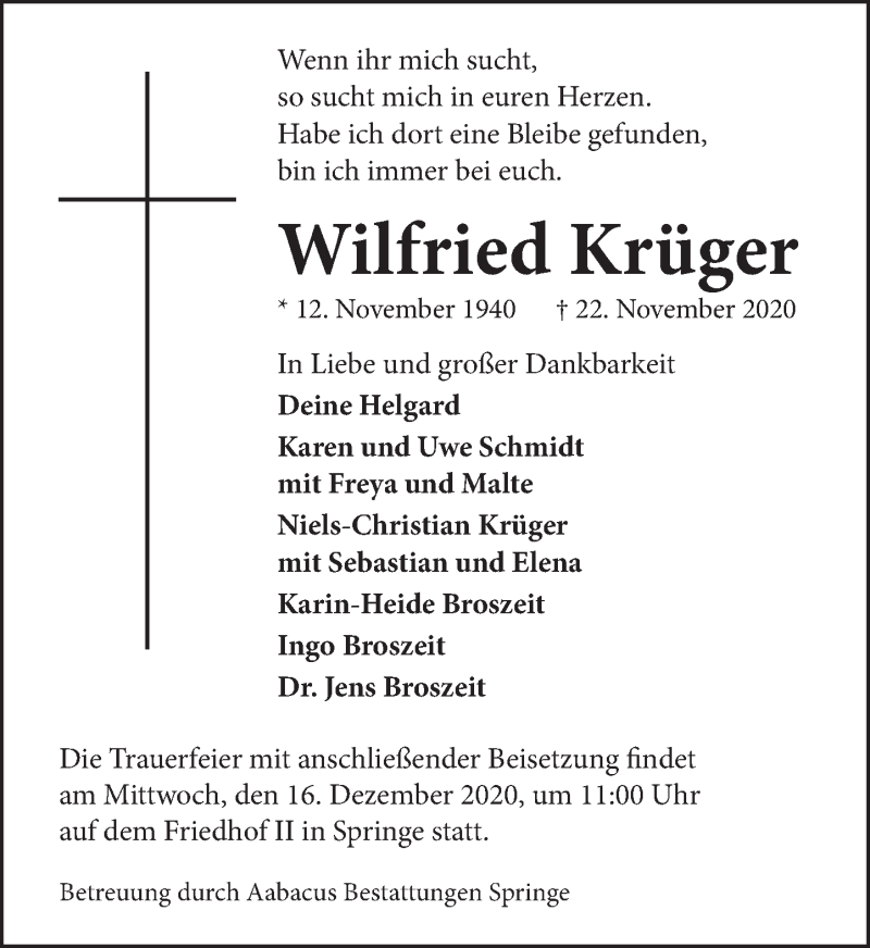  Traueranzeige für Wilfried Krüger vom 28.11.2020 aus Neue Deister-Zeitung
