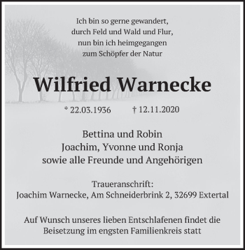 Traueranzeige von Wilfried Warnecke von Deister- und Weserzeitung