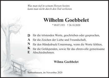 Traueranzeige von Wilhelm Goebbelet von Deister- und Weserzeitung