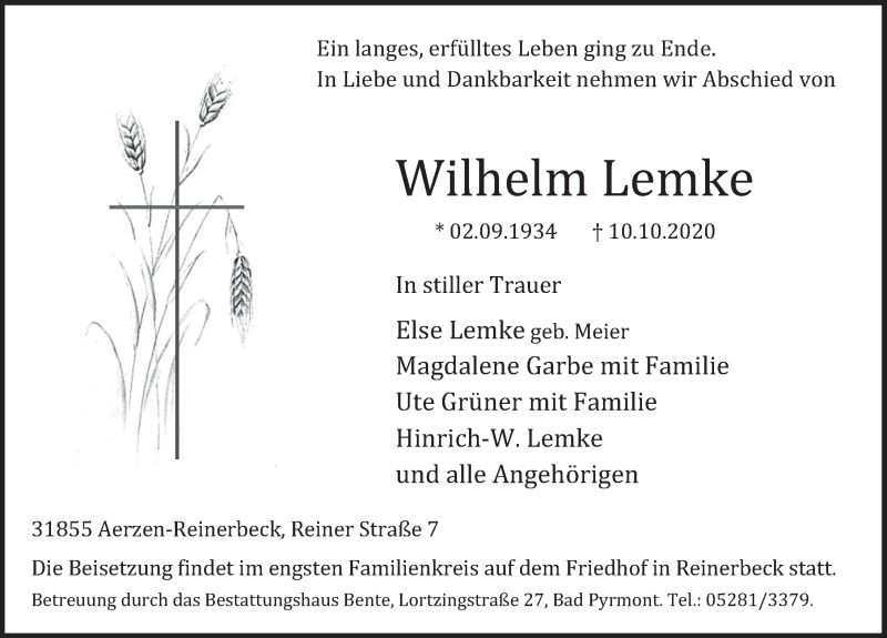  Traueranzeige für Wilhelm Lemke vom 12.11.2020 aus Deister- und Weserzeitung