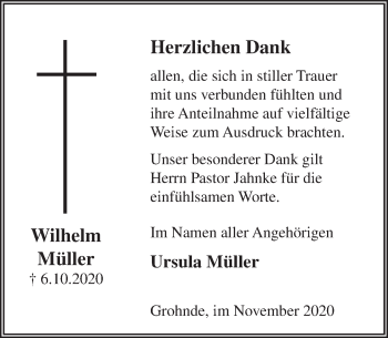 Traueranzeige von Wilhelm Müller von Deister- und Weserzeitung