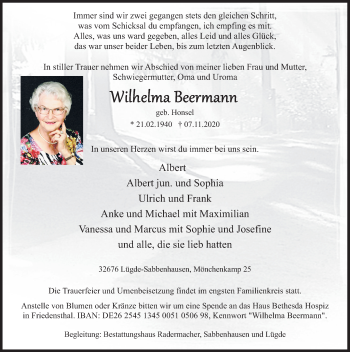 Traueranzeige von Wilhelma Beermann von Deister- und Weserzeitung