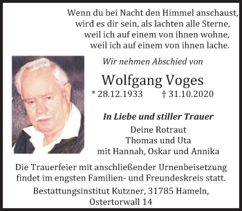 Traueranzeige von Wolfgang Voges von Deister- und Weserzeitung