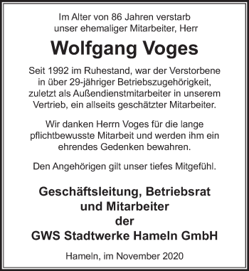 Traueranzeige von Wolfgang Voges von Deister- und Weserzeitung