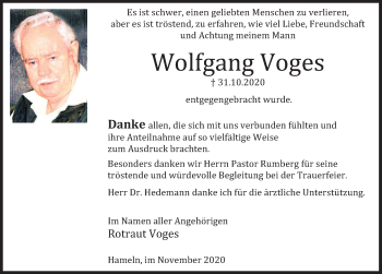 Traueranzeige von Wolfgang Voges von Deister- und Weserzeitung