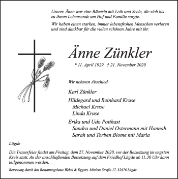 Traueranzeige von Änne Zünkler von Deister- und Weserzeitung
