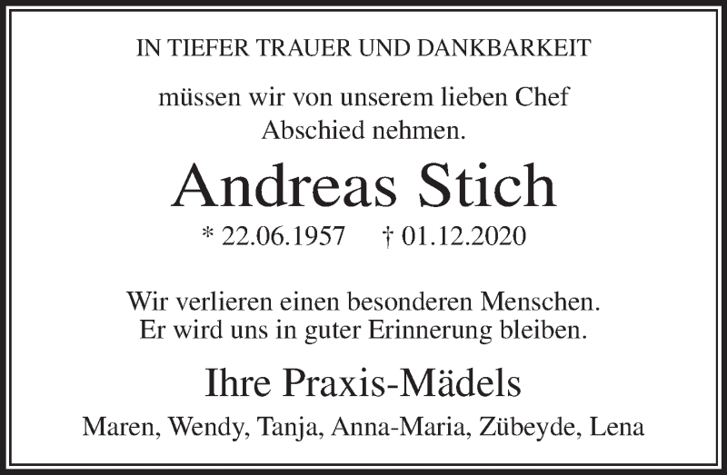  Traueranzeige für Andreas Stich vom 05.12.2020 aus Deister- und Weserzeitung
