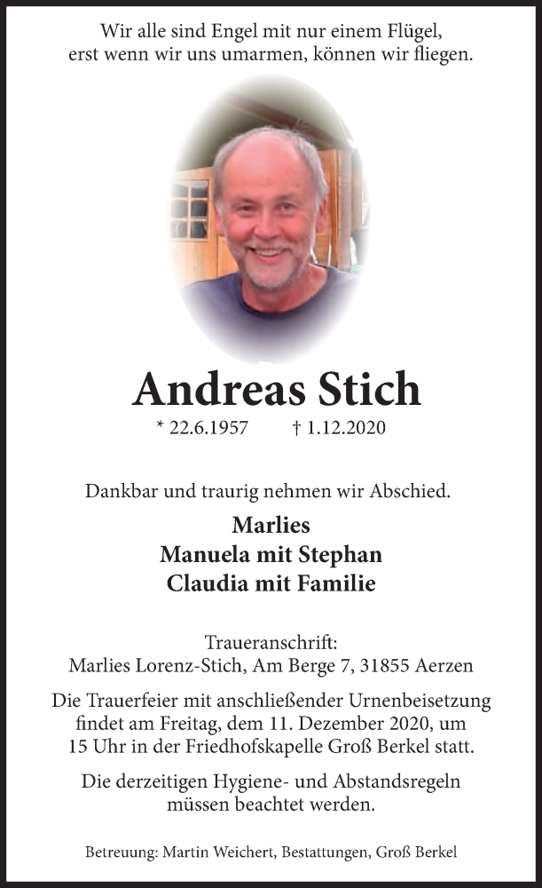  Traueranzeige für Andreas Stich vom 05.12.2020 aus Deister- und Weserzeitung