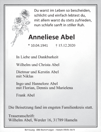 Traueranzeige von Anneliese Abel von Deister- und Weserzeitung