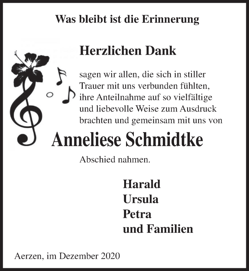  Traueranzeige für Anneliese Schmidtke vom 12.12.2020 aus Deister- und Weserzeitung