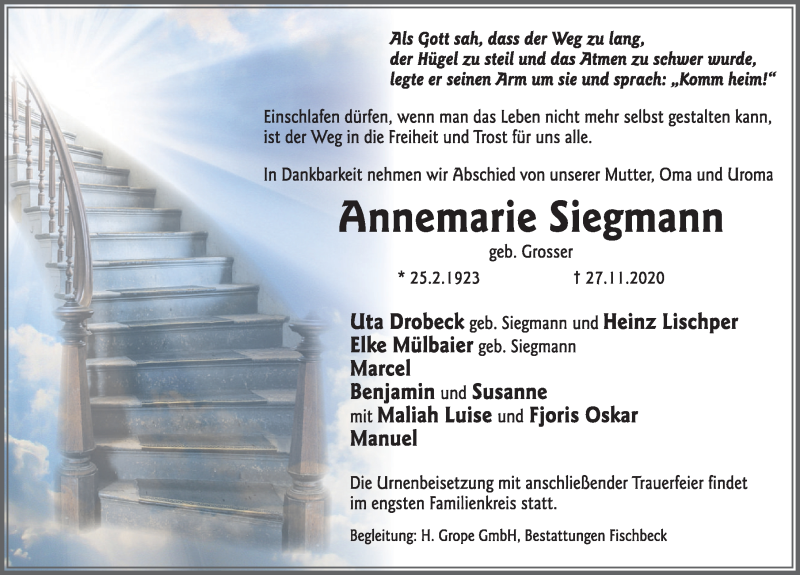  Traueranzeige für Annemarie Siegmann vom 05.12.2020 aus Deister- und Weserzeitung