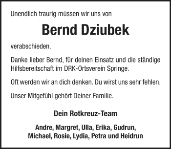 Traueranzeige von Bernd Dziubek von Neue Deister-Zeitung