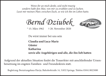 Traueranzeige von Bernd Dziubek von Neue Deister-Zeitung