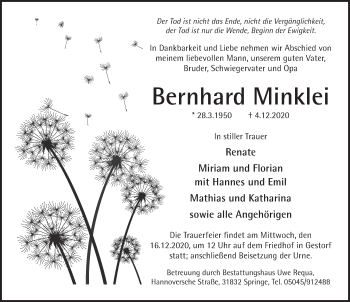 Traueranzeige von Bernhard Minklei von Neue Deister-Zeitung
