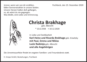 Traueranzeige von Christa Brakhage von Deister- und Weserzeitung