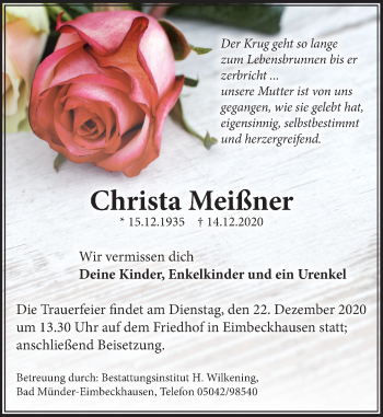 Traueranzeige von Christa Meißner von Neue Deister-Zeitung