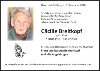 Traueranzeige von Cäcilie Breitkopf von Deister- und Weserzeitung