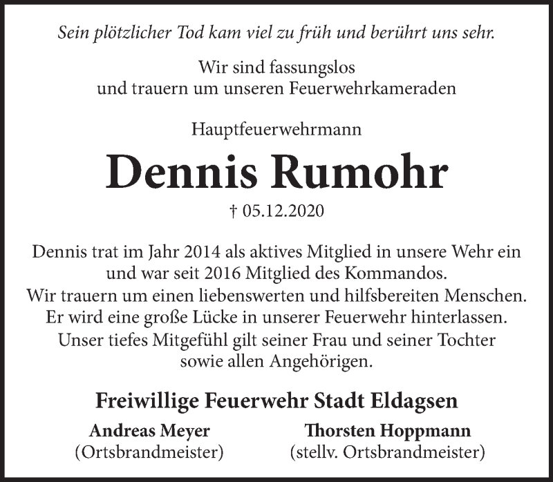  Traueranzeige für Dennis Rumohr vom 19.12.2020 aus Neue Deister-Zeitung