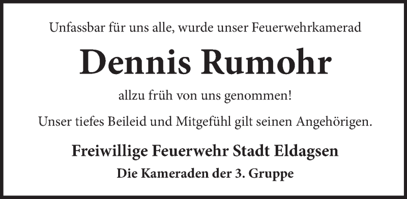  Traueranzeige für Dennis Rumohr vom 19.12.2020 aus Neue Deister-Zeitung