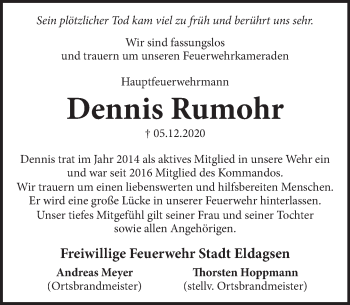 Traueranzeige von Dennis Rumohr von Neue Deister-Zeitung