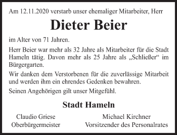 Traueranzeige von Dieter Beier von Deister- und Weserzeitung