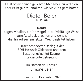 Traueranzeige von Dieter Beier von Deister- und Weserzeitung