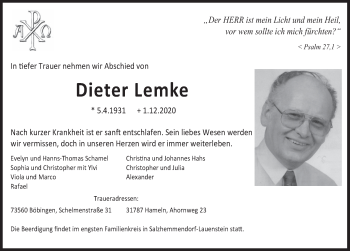 Traueranzeige von Dieter Lemke von Deister- und Weserzeitung