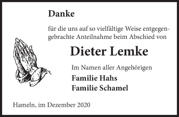 Traueranzeige von Dieter Lemke von Deister- und Weserzeitung