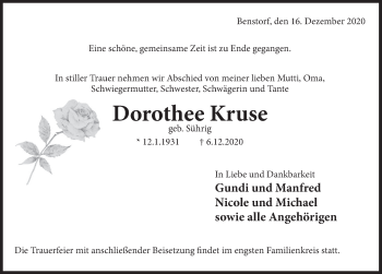 Traueranzeige von Dorothee Kruse von Deister- und Weserzeitung
