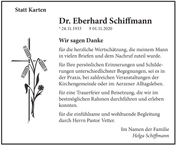 Traueranzeige von Eberhard Schiffmann von Deister- und Weserzeitung