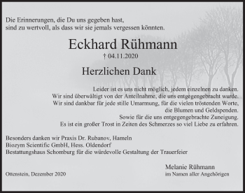 Traueranzeige von Eckhard Rühmann von Deister- und Weserzeitung