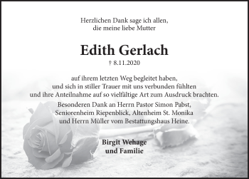 Traueranzeige von Edith Gerlach von Deister- und Weserzeitung
