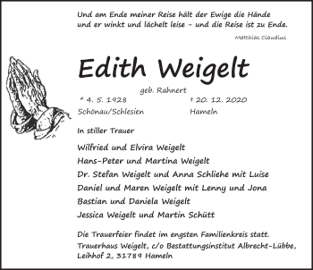 Traueranzeige von Edith Weigelt von Deister- und Weserzeitung